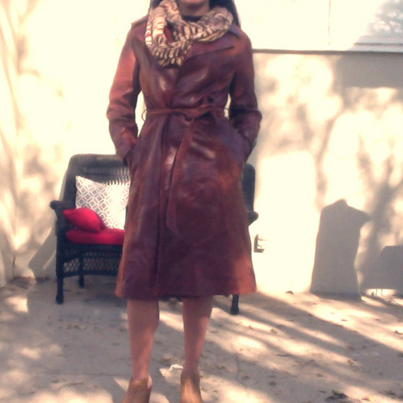 Long Leather Trench Coat with Belt - Picture 2 of 8